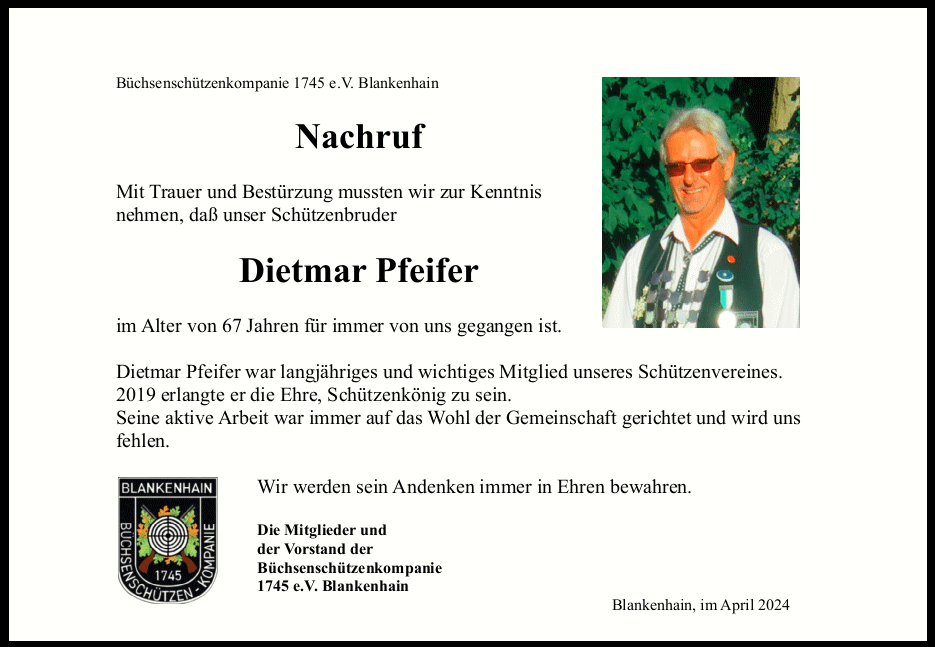 Nachruf BSK-Mitglied Dietmar Pfeifer